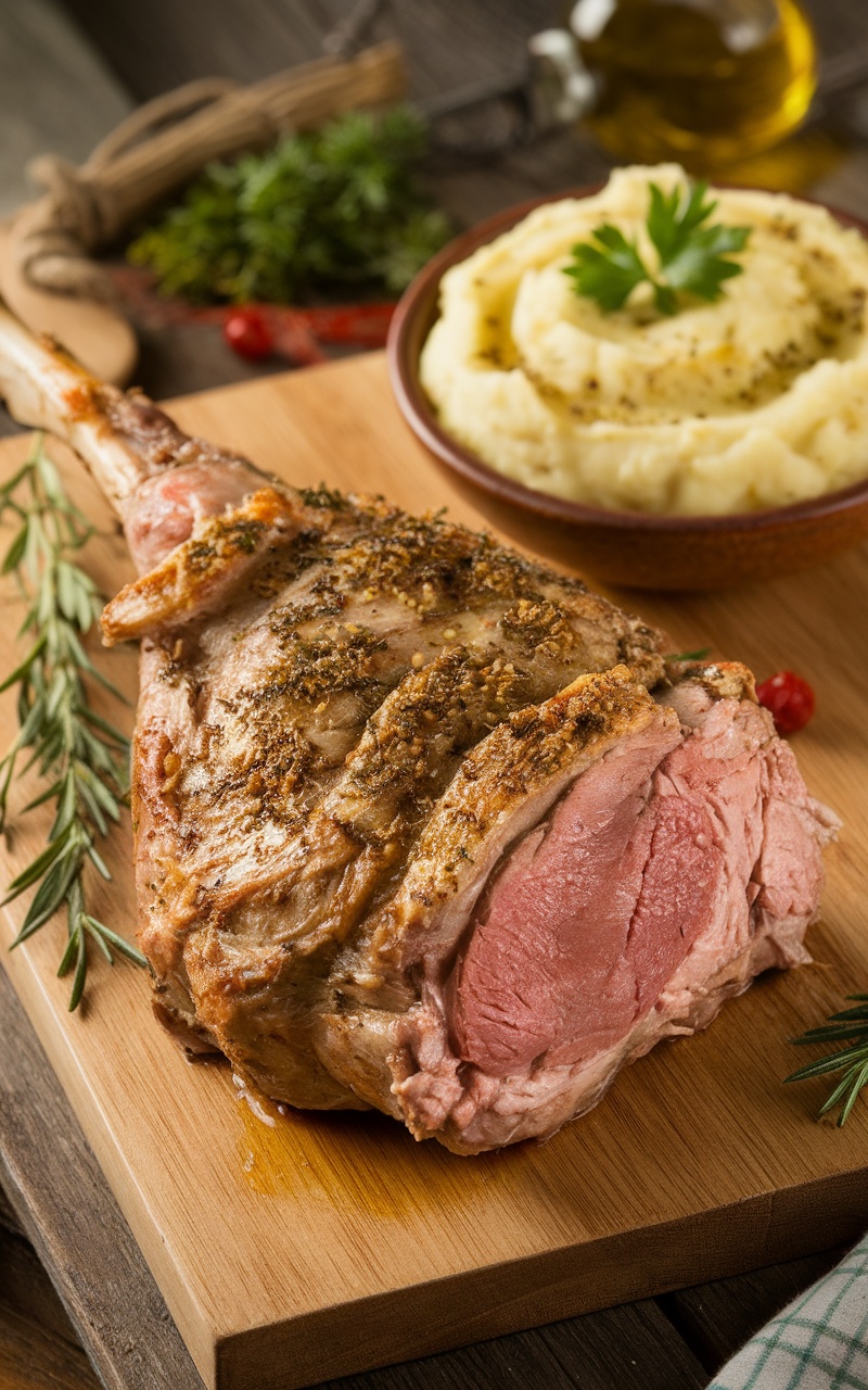 Roasted leg of lamb with creamy cauliflower mash on a rustic wooden table.
