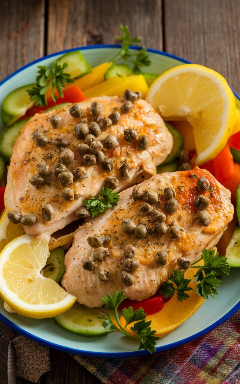 Keto Chicken Piccata with lemon-caper sauce, garnished with parsley and lemon slices, served with low-carb vegetables.