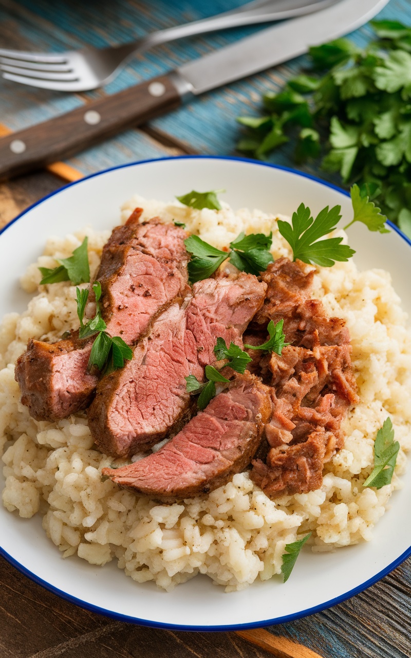 Keto Lamb and Cauliflower Rice Pilaf with fresh parsley on a rustic table.