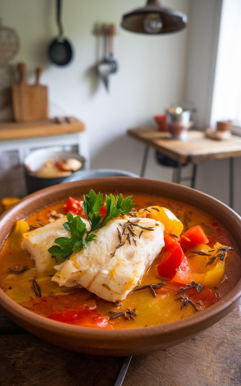 A bowl of saffron fish stew with chunks of fish, bell peppers, and tomatoes, garnished with parsley.
