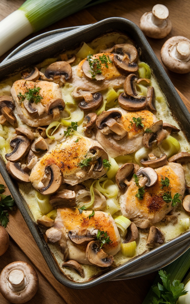 Creamy mushroom and leek chicken bake served in a rustic dish, garnished with parsley, on a wooden table.