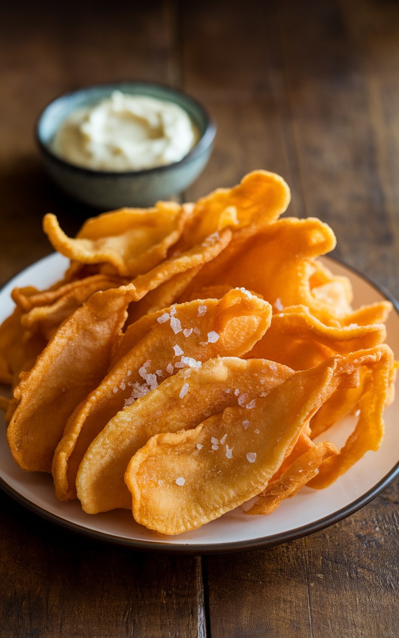 Crispy chicken skin chips on a plate, garnished with sea salt, with a bowl of dip in the background.