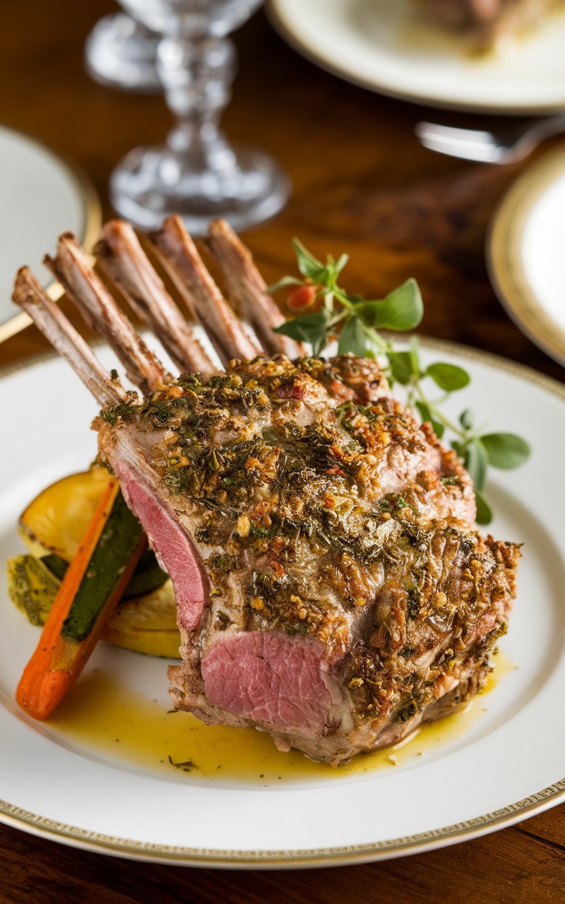 Herb-crusted rack of lamb on a plate, garnished with herbs, served with roasted vegetables.