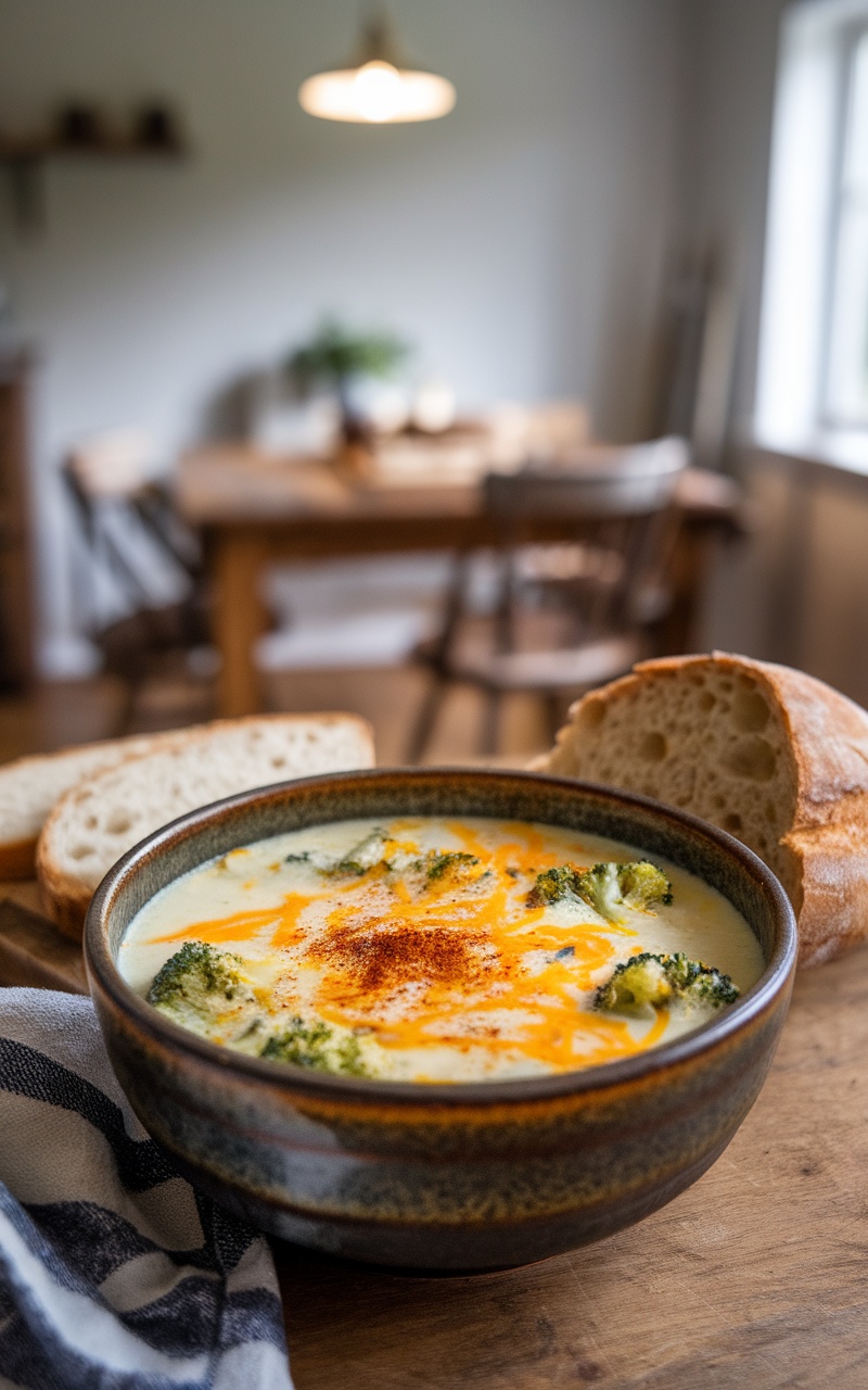 A bowl of creamy Keto Broccoli Cheddar Soup with broccoli and cheddar, garnished with paprika, and low-carb bread on the side.