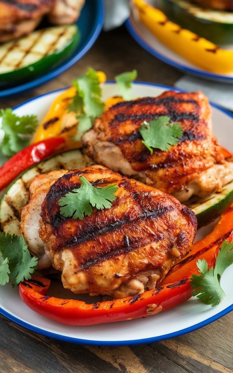 Grilled chipotle lime chicken thighs with cilantro and colorful grilled vegetables on a rustic table.