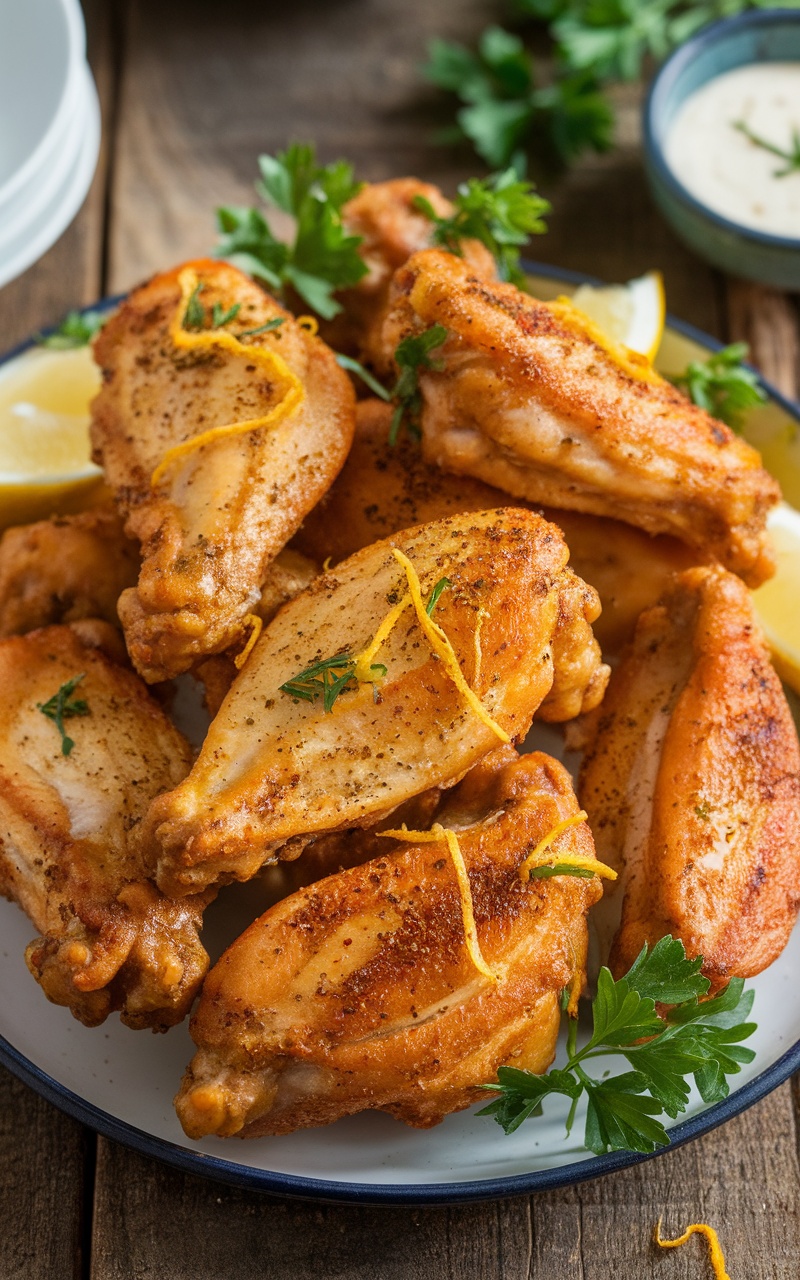 Crispy lemon pepper chicken wings on a platter, garnished with parsley, on a wooden table with dipping sauce.