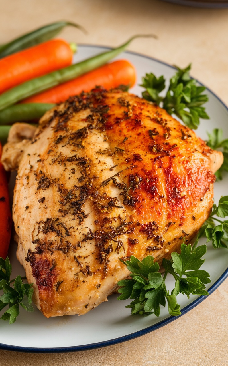 Roasted garlic herb chicken breast served with fresh parsley and vegetables.