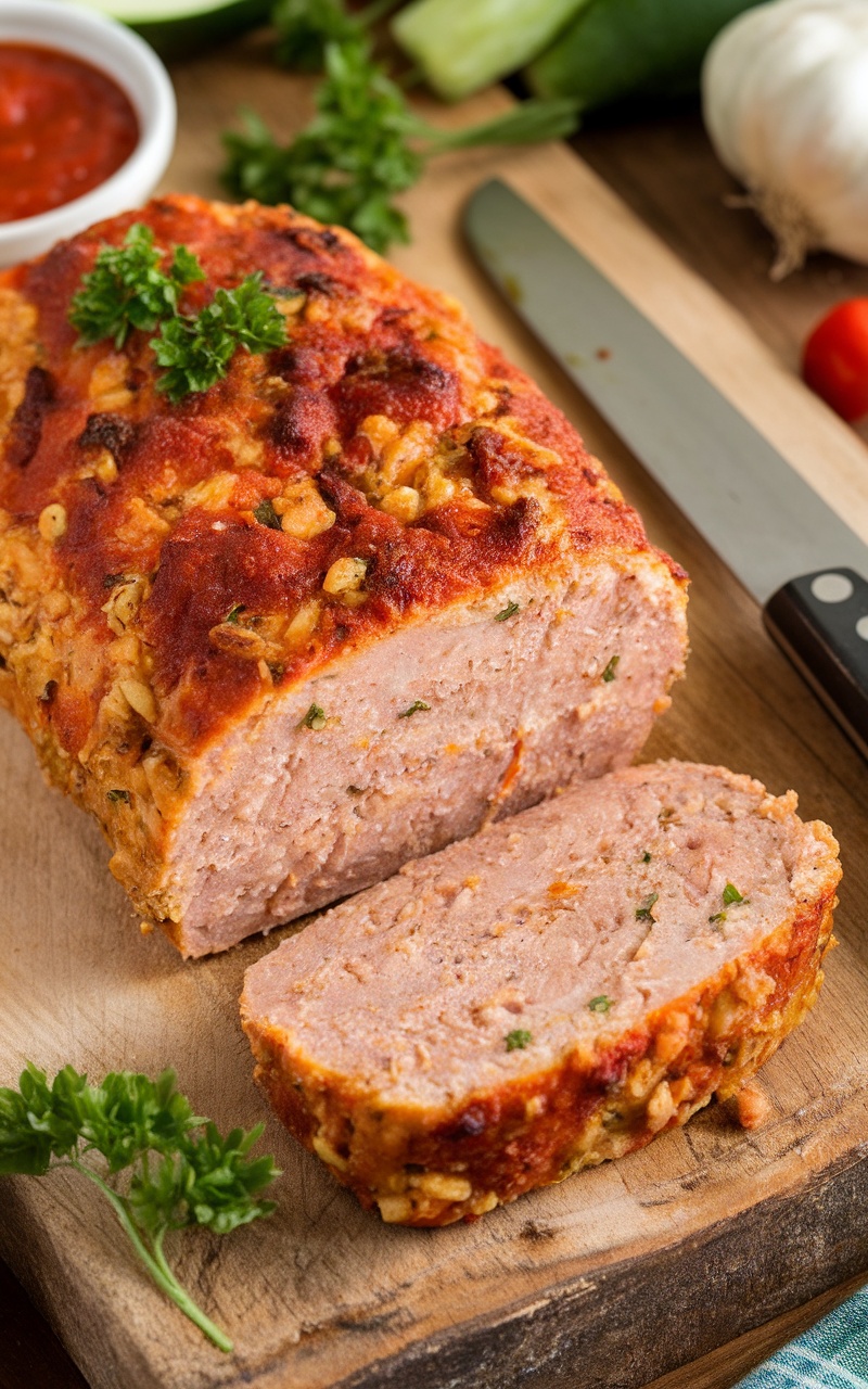 Keto Garlic Parmesan Chicken Meatloaf on a cutting board with parsley, showcasing juicy slices and garnished with marinara sauce.