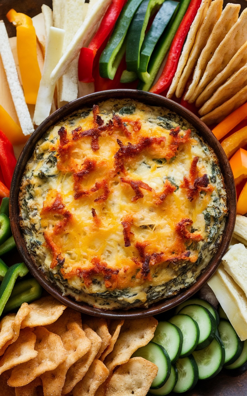 A cheesy spinach and artichoke dip in a baking dish, with low-carb dippers like cucumbers and pork rinds.