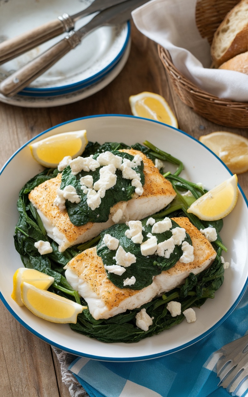 Baked haddock with spinach and feta on a plate, garnished with lemon wedges.