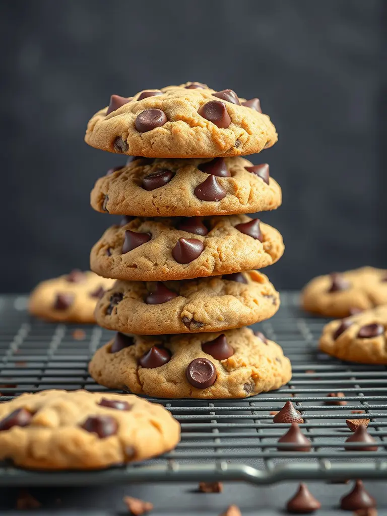 Almond butter chocolate chip cookies stacked on a cooling rack