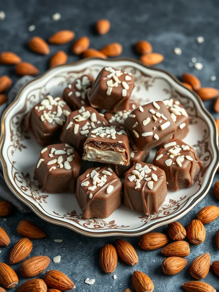 Almond Joy Fat Bombs with chocolate and almonds on a plate