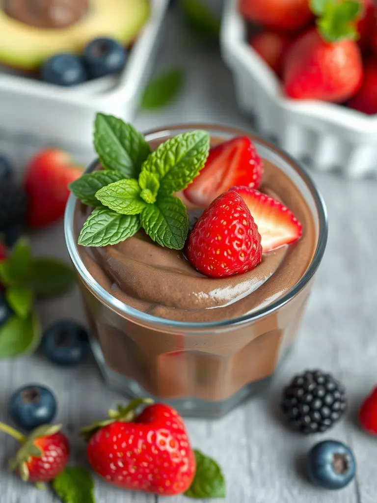A rich avocado chocolate mousse topped with fresh strawberries and mint leaves, served in a glass.
