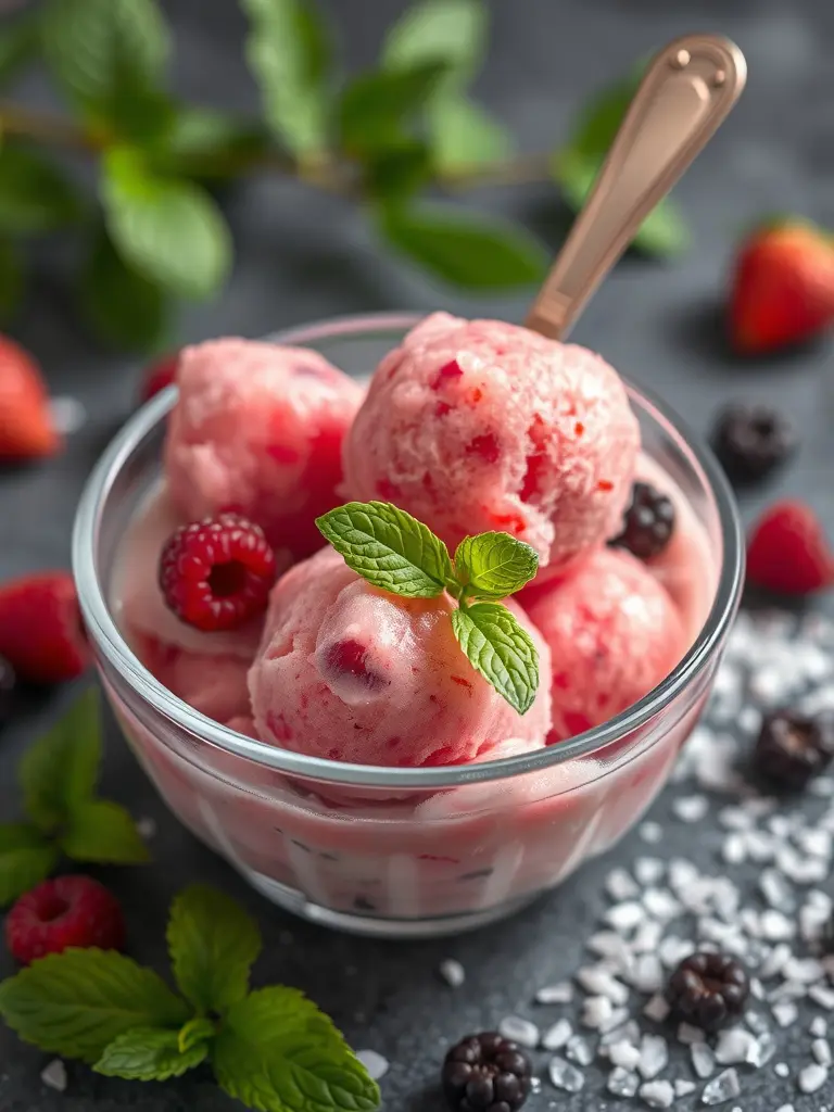 A bowl of berry coconut sorbet with mint leaves