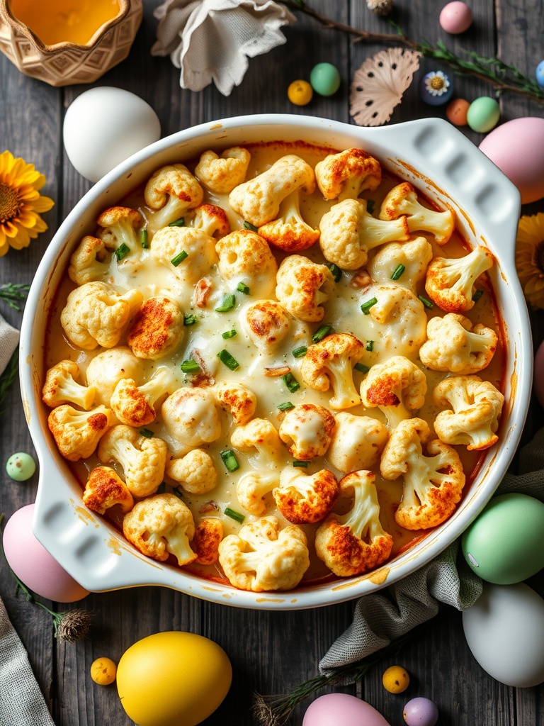 A baked cauliflower dish with cheese, garnished with green onions