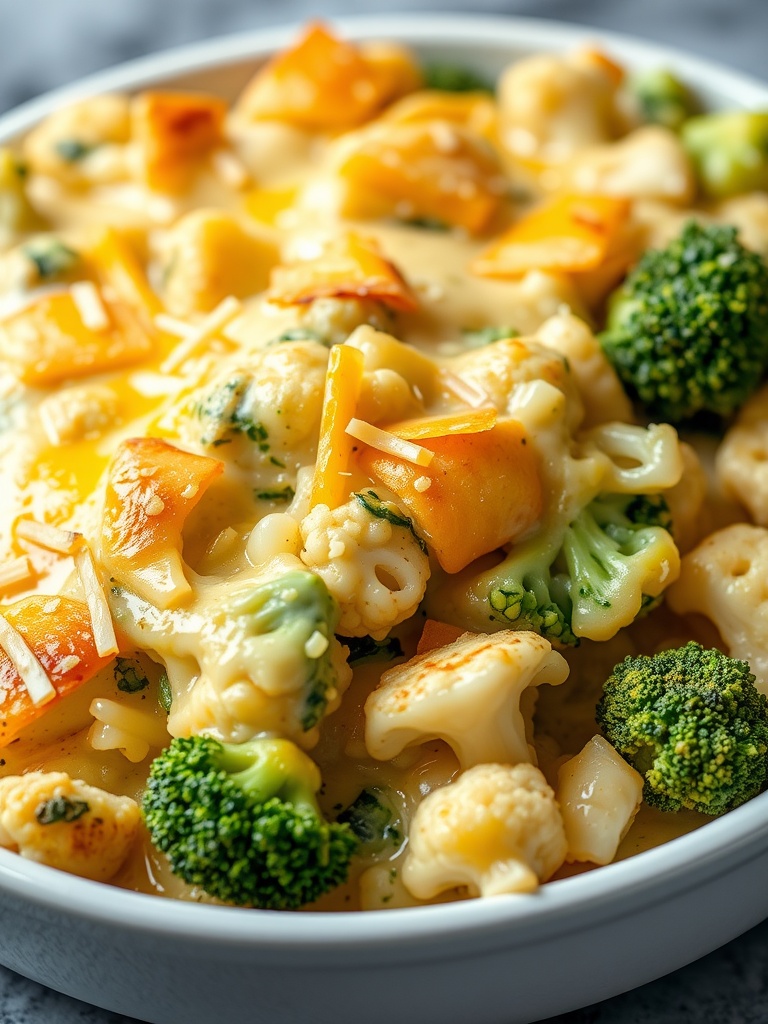 A cheesy broccoli and cauliflower casserole in a bowl