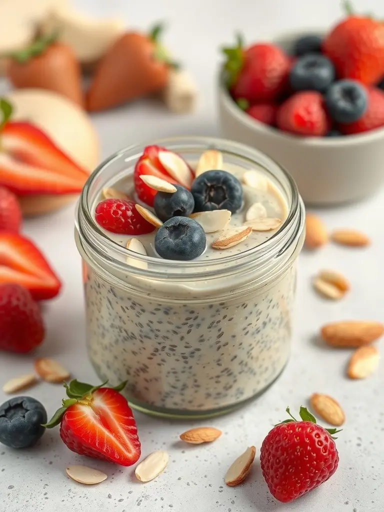 A jar of chia seed pudding topped with fresh strawberries and blueberries, surrounded by more fruit and almonds.