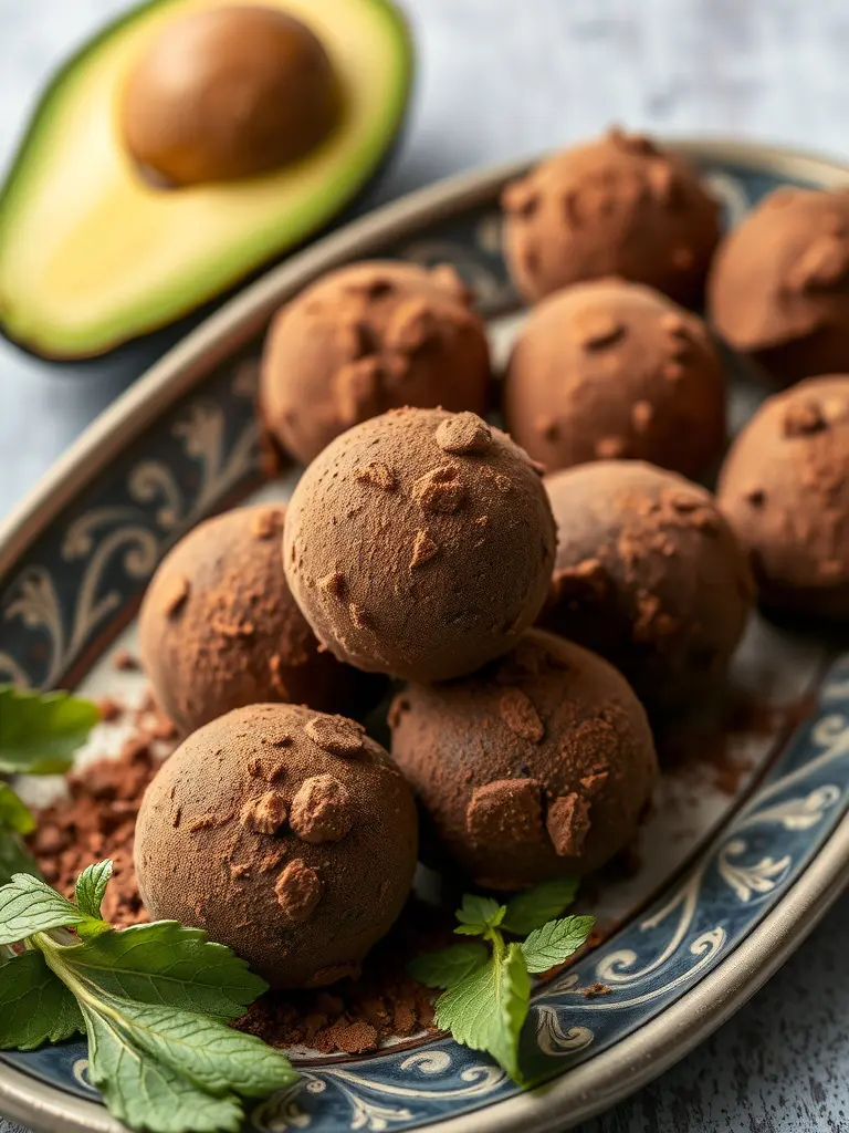 A plate of chocolate avocado truffles garnished with mint leaves