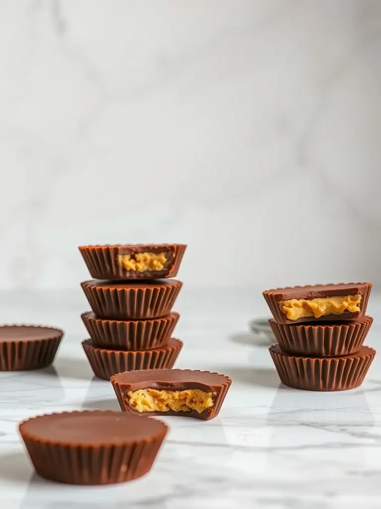 Homemade chocolate peanut butter cups stacked and arranged.