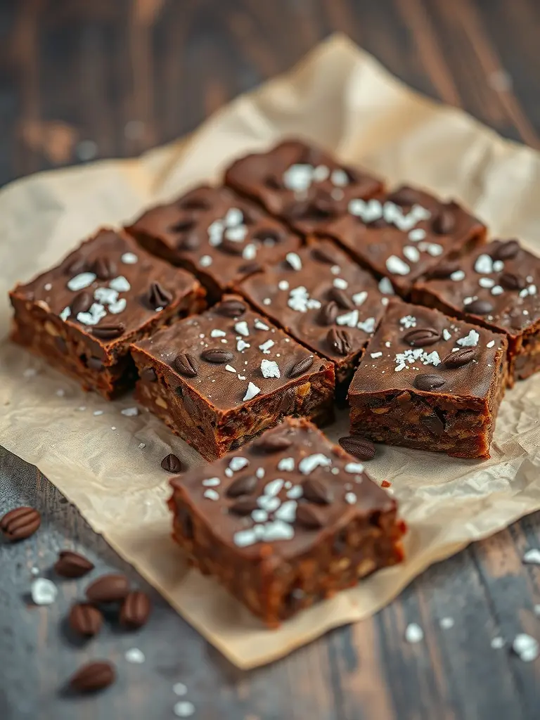 Delicious cocoa nib energy bars cut into squares with a sprinkle of salt and coffee beans.