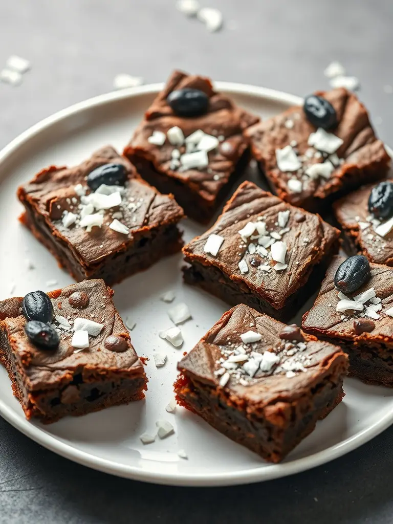 A plate of delicious coconut flour brownies topped with coconut flakes and chocolate chips.