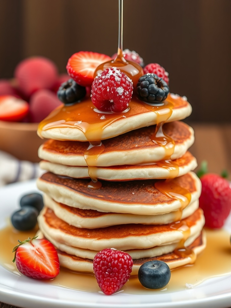 A stack of fluffy coconut flour pancakes topped with fresh berries and syrup.
