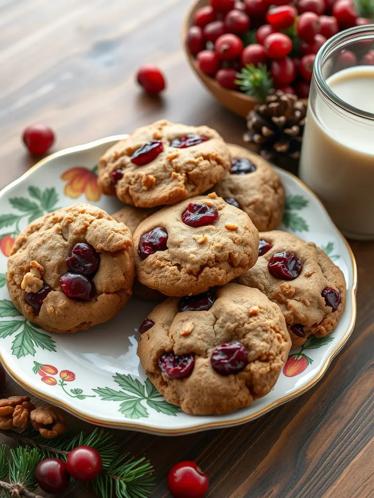 A plate of cranberry walnut cookies with a glass of milk and fresh cranberries.
