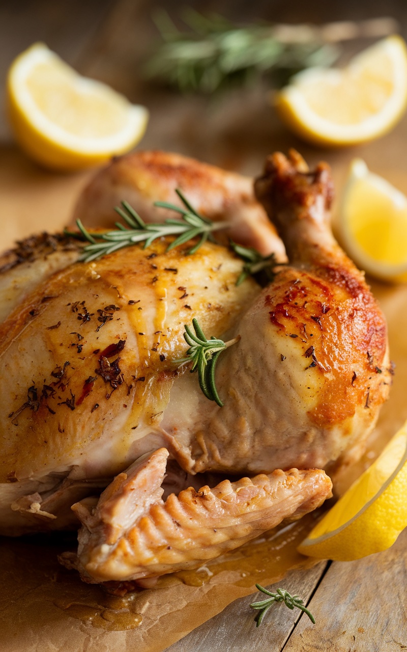 Lemon rosemary roasted chicken leg garnished with fresh herbs and lemon slices on a rustic table.