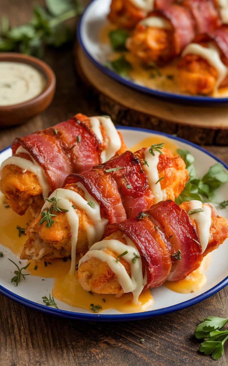 Keto chicken tenders wrapped in bacon and melted cheese, served on a rustic plate with a dipping sauce.
