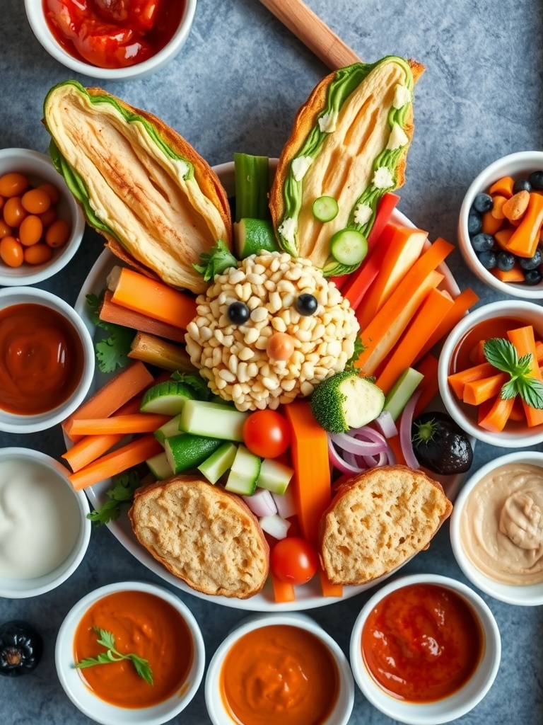 A colorful vegetable platter shaped like a bunny, featuring fresh veggies and various dips.