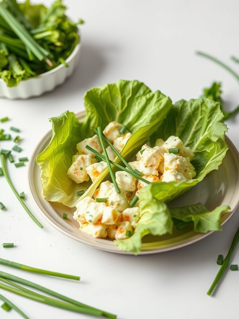 Egg salad served in lettuce wraps with chives on top