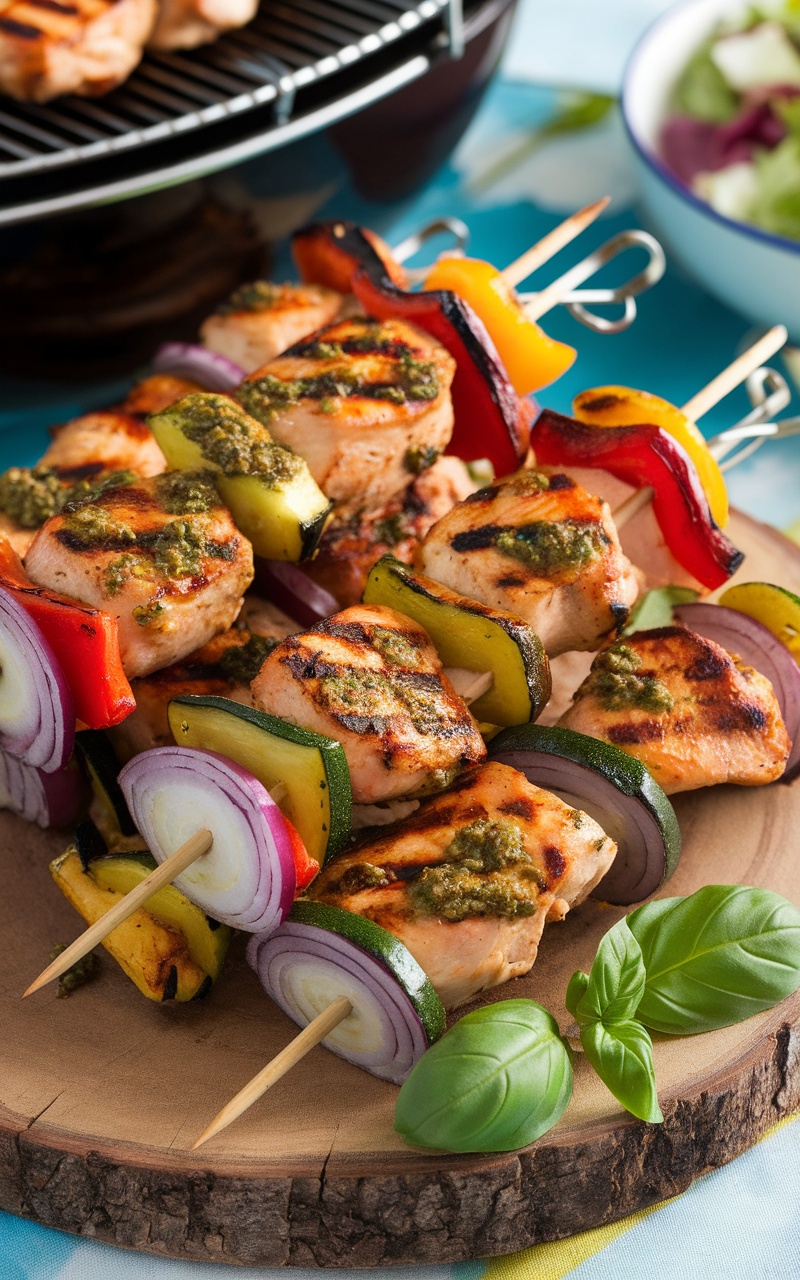 Keto grilled chicken kabobs with pesto, bell pepper, zucchini, and red onion on skewers, served on a wooden platter.