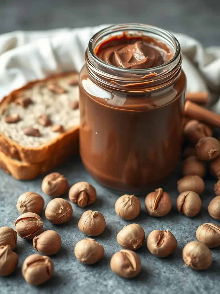A jar of creamy hazelnut chocolate spread with hazelnuts surrounding it