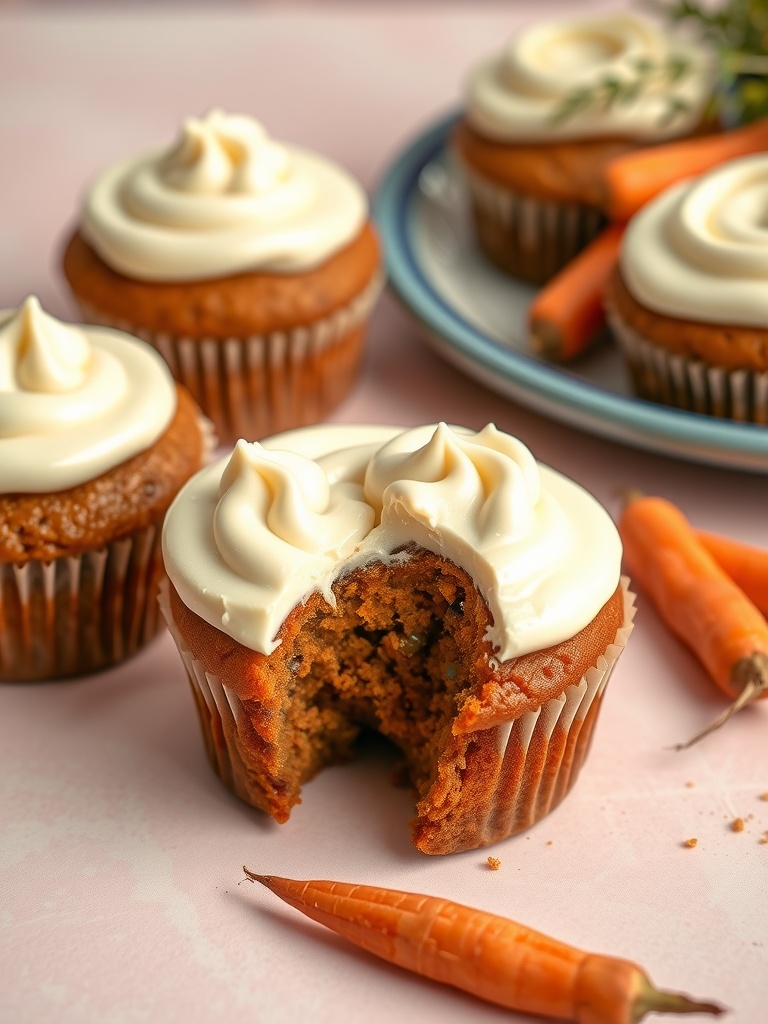 Delicious keto carrot cake muffins topped with cream cheese frosting and garnished with carrots.