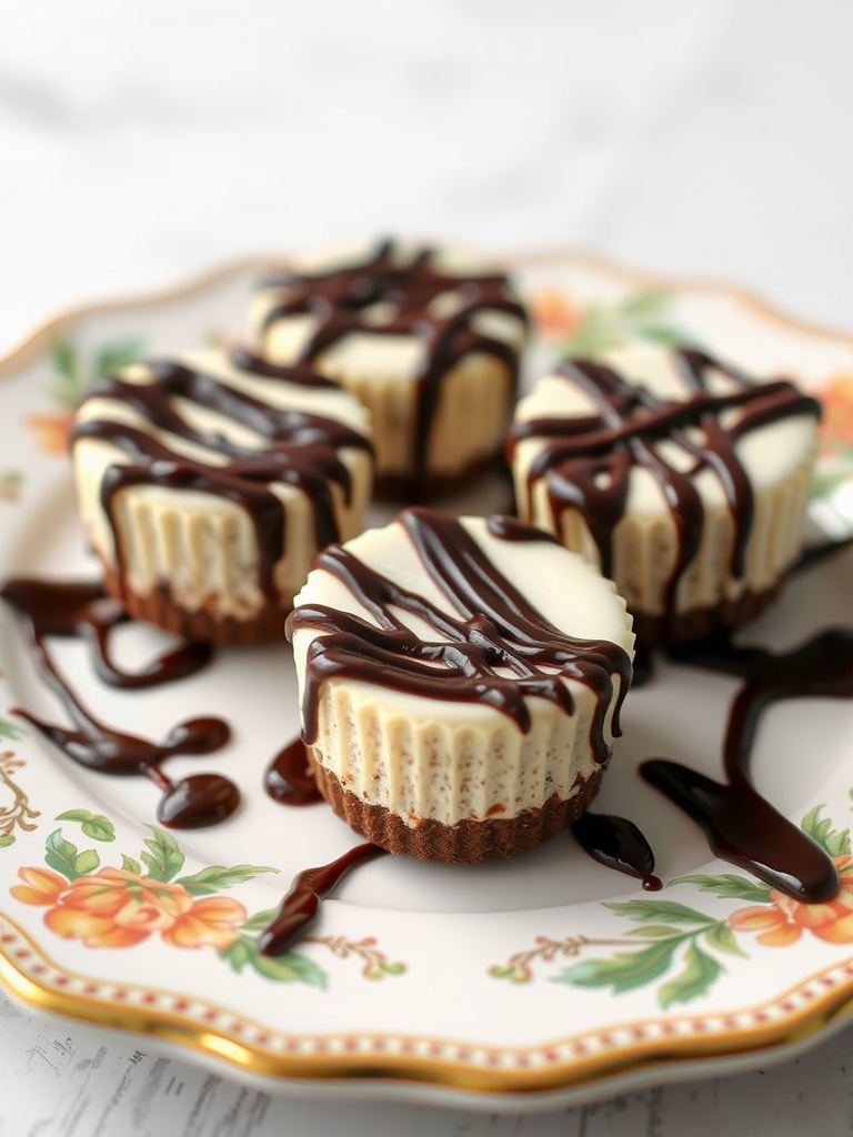 Delicious keto chocolate cheesecake bites with chocolate drizzle on a plate.