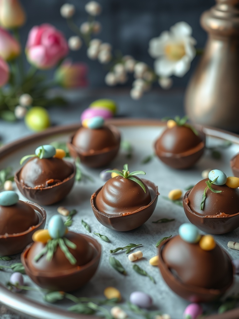 Colorful Keto Chocolate Easter Eggs decorated with small candies