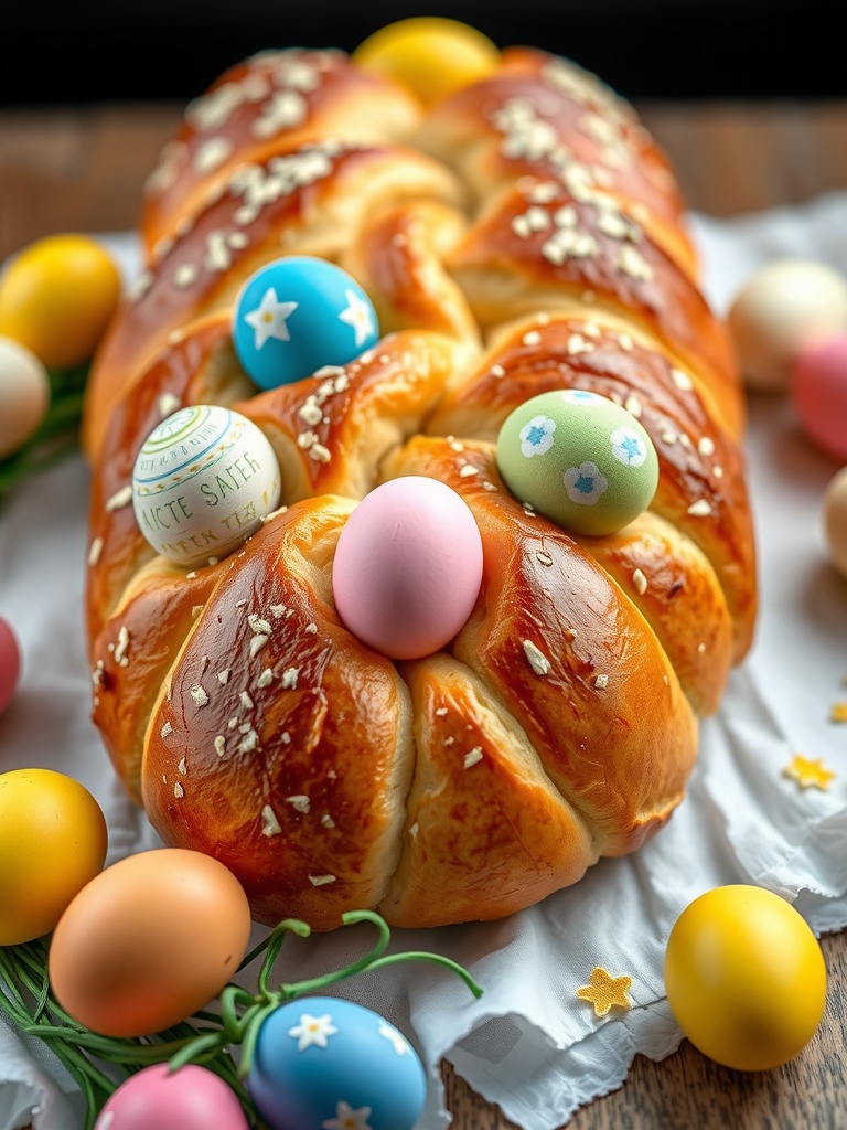 Keto Easter bread adorned with colorful decorations