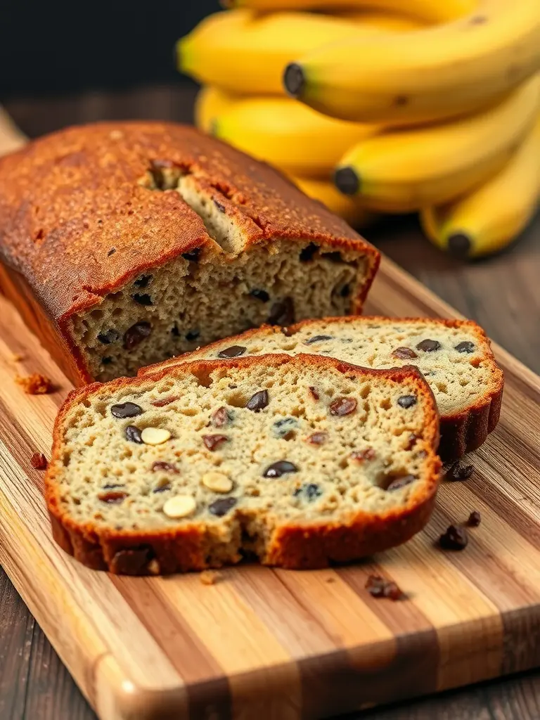 Keto vegan banana bread sliced on a wooden board