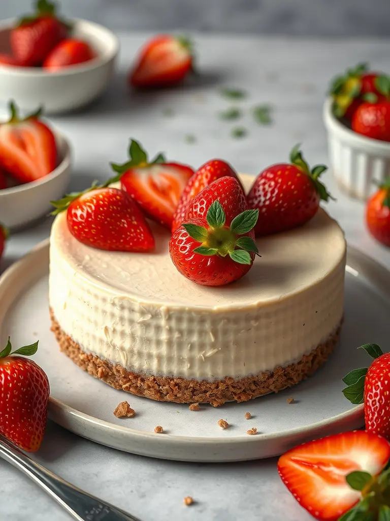 A delicious keto vegan cheesecake topped with fresh strawberries.