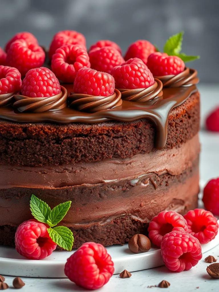 A delicious vegan chocolate cake decorated with raspberries and mint leaves.