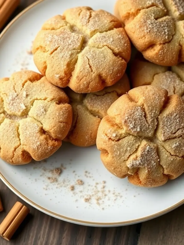 A plate of freshly baked keto vegan snickerdoodles sprinkled with cinnamon.