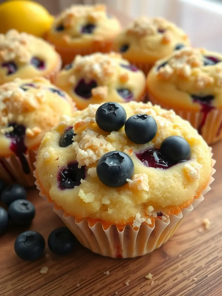 Delicious lemon blueberry muffins topped with fresh blueberries