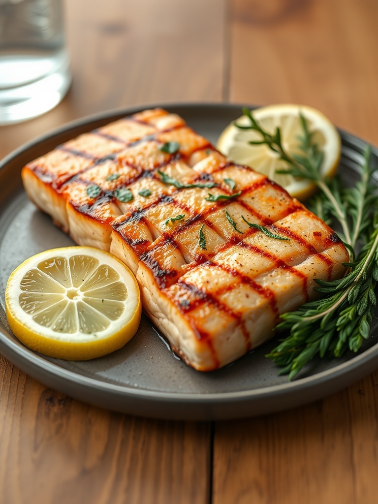 Grilled salmon fillet with lemon and herbs