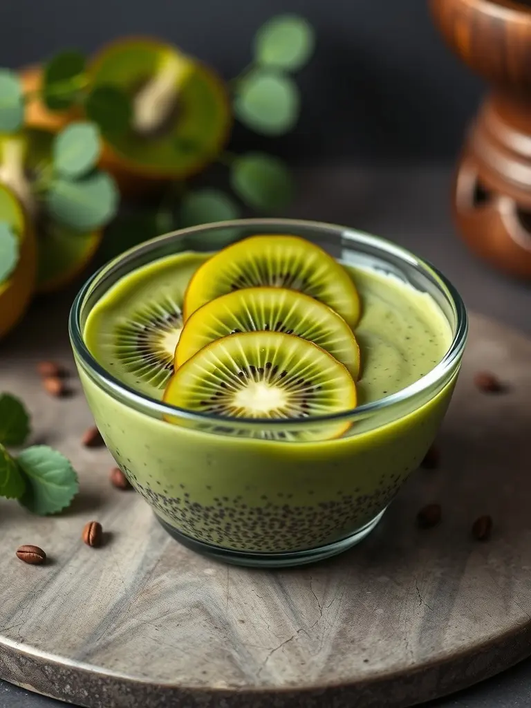 A bowl of creamy matcha chia seed pudding topped with fresh kiwi slices.