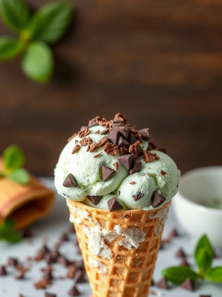 Mint chocolate chip coconut ice cream in a waffle cone topped with chocolate chips