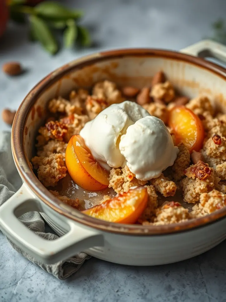 A delicious Peach Coconut Crumble dessert served warm with ice cream.