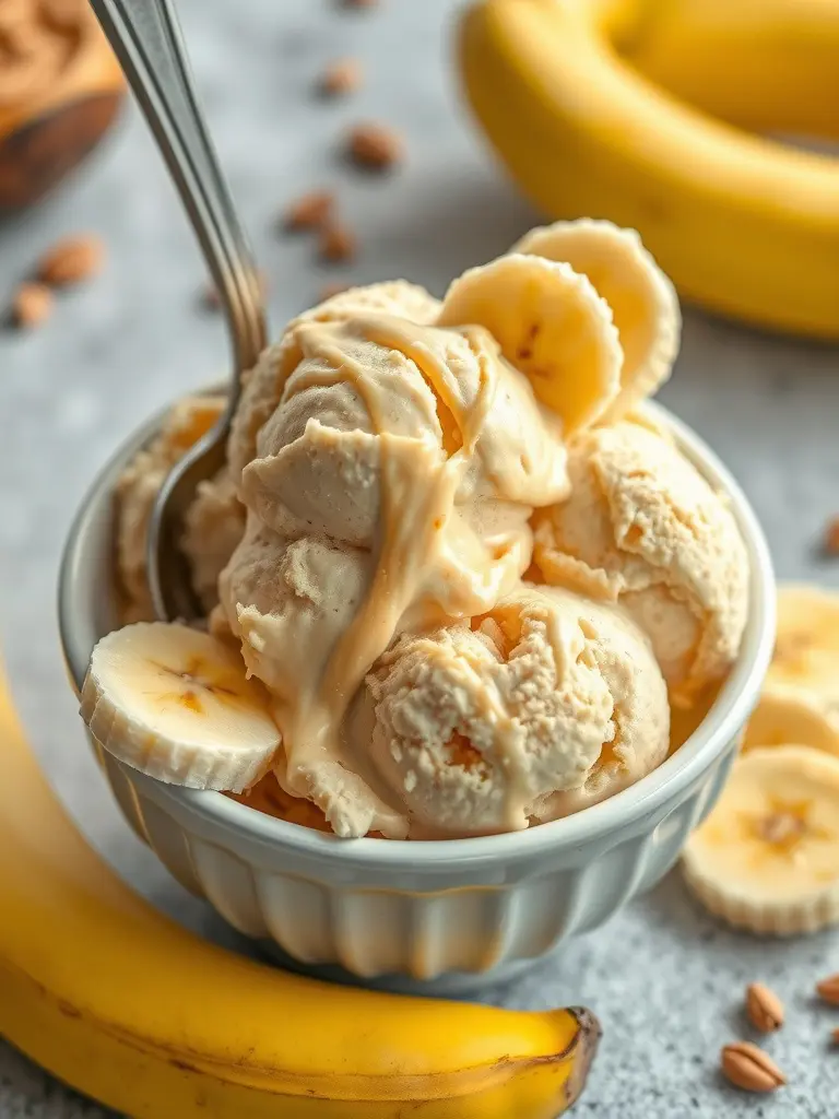 A bowl of peanut butter banana ice cream with banana slices on top.