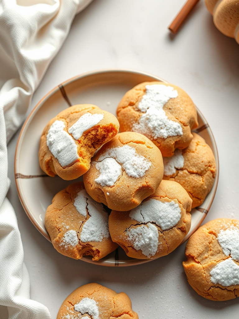 A plate of freshly baked pumpkin spice keto cookies with a sprinkle of powdered sugar on top.