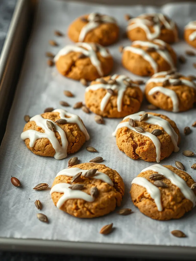 Pumpkin Spice Keto Cookies with icing and pumpkin seeds