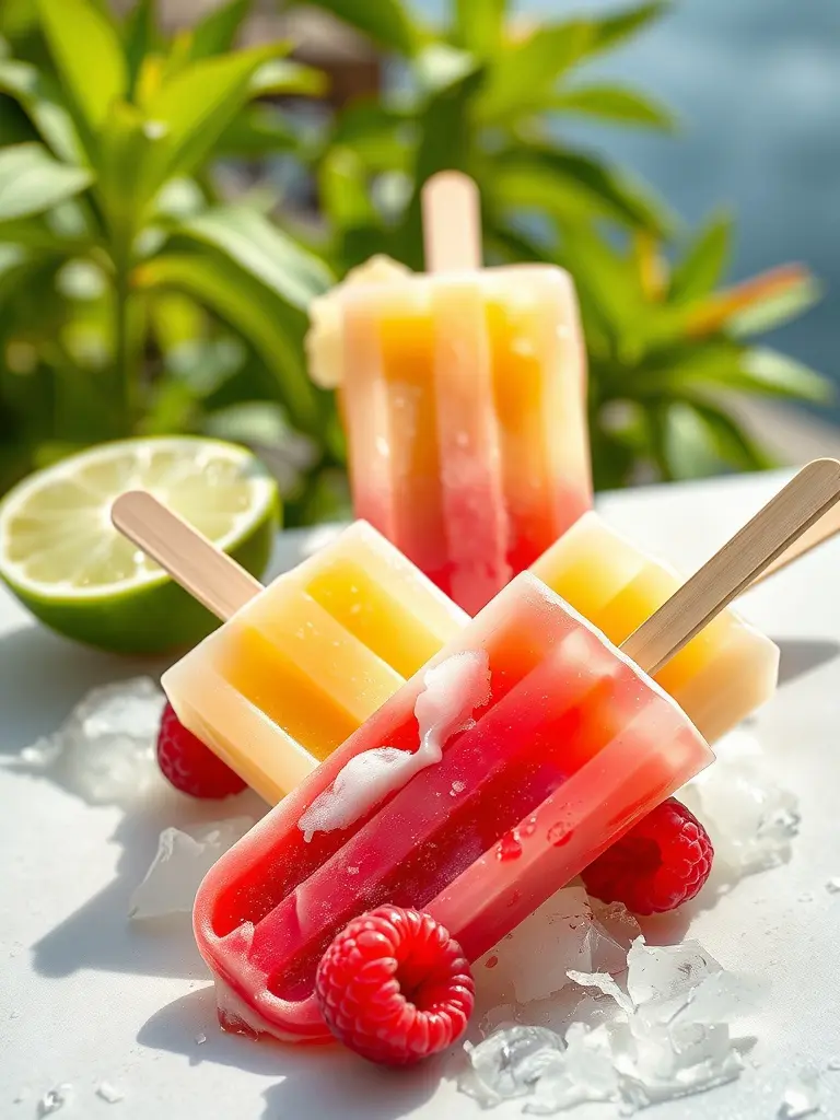 A trio of colorful raspberry lime coconut popsicles on a plate.